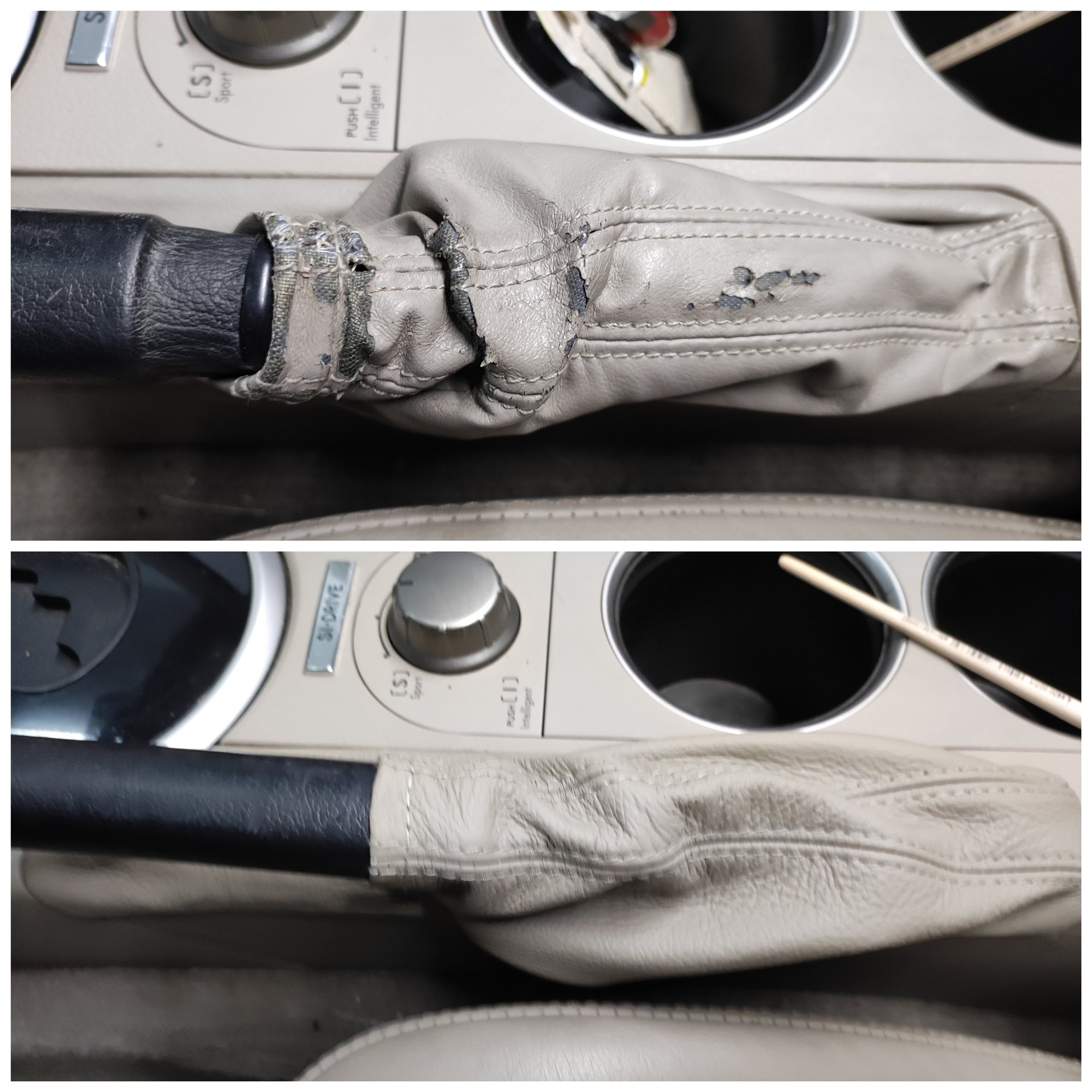 Beschädigte Leder-Handbremsmanschette vor und nach der Lederreparatur